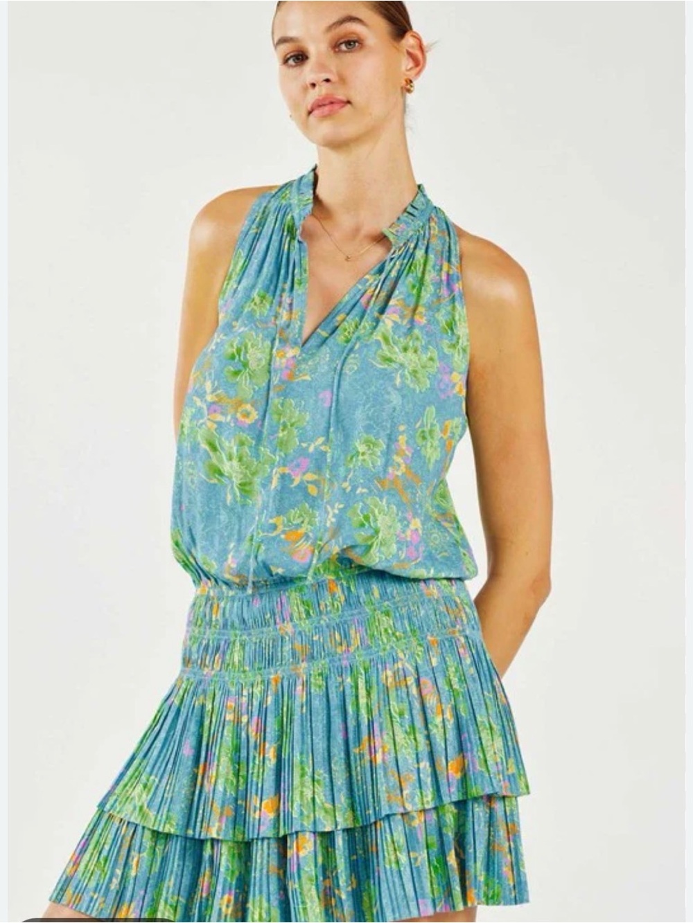 Current Air mini dress Green Floral Tiered Sleeveless Dress